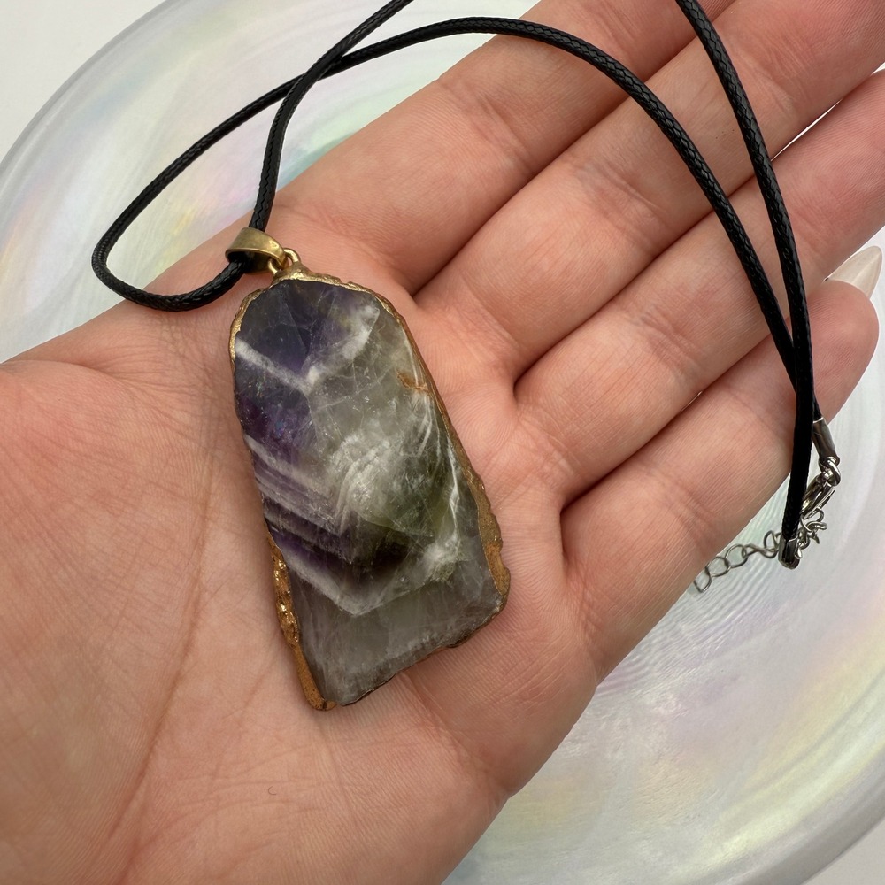 Chevron Amethyst Slice Pendant Necklace Raw Stone Gold‎ Edge Black Cord Boho